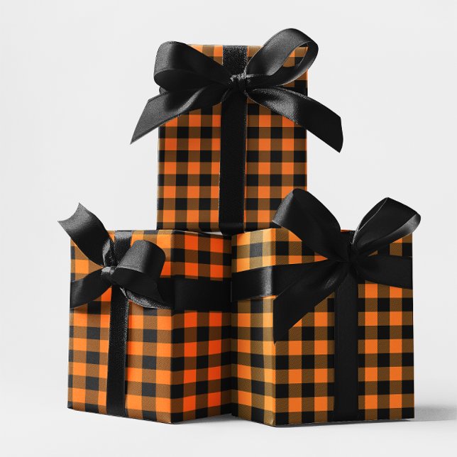 Orange and Black Buffalo Plaid Halloween Wrapping Paper Sheet (Orange and Black Buffalo Check Halloween Gift Wrap)