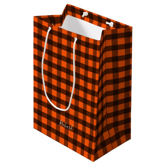 Orange and Black Checker Medium Gift Bag (Front Angled)