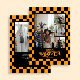 Orange and Black Checkered 5 Photo Halloween Holiday Card