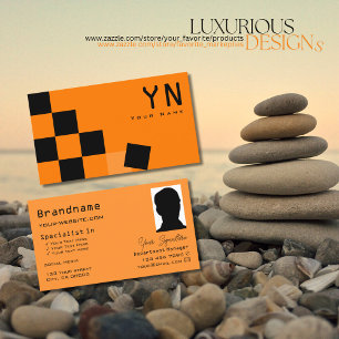 Orange and Black Chessboard with Monogram & Photo Business Card