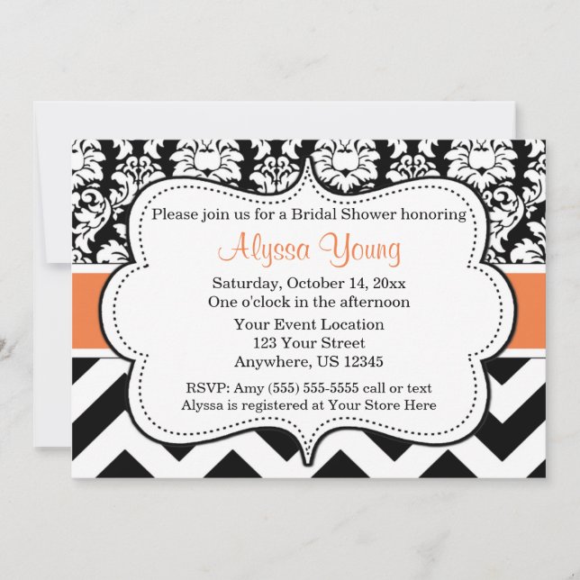 Orange and Black Chevron Damask Invitation (Front)