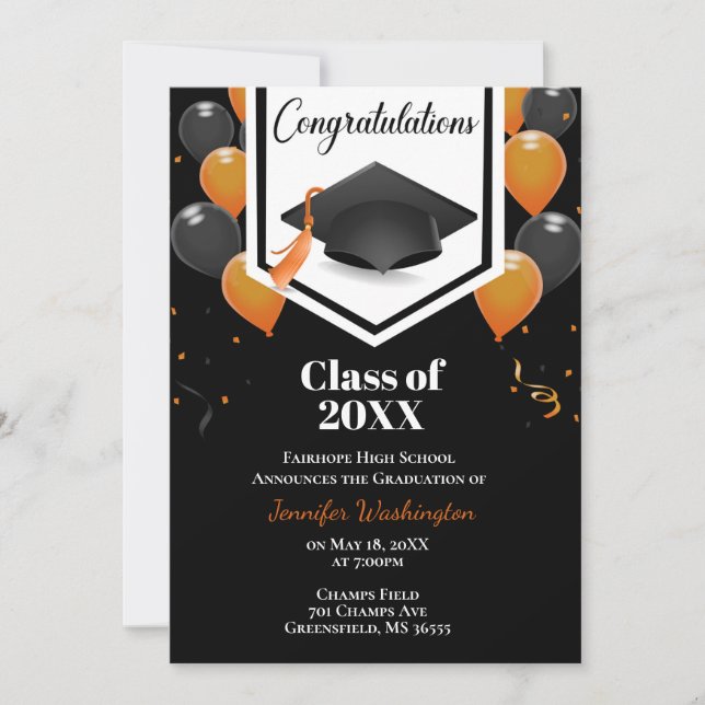 Orange and black confetti graduation invitation (Front)