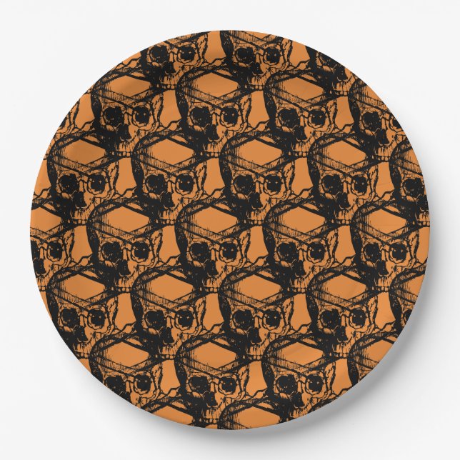 Orange and Black Cool Spooky Skull Halloween party Paper Plate (Front)