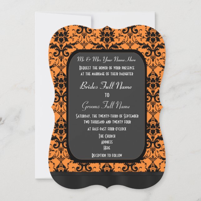 Orange and black damask wedding invitation (Front)