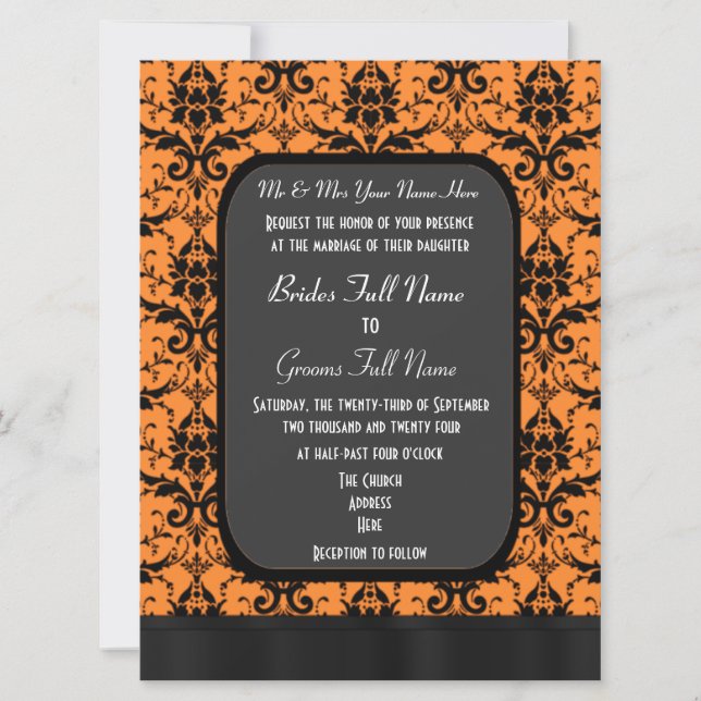 Orange and black damask wedding invitation (Front)