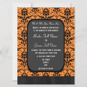 Orange and black damask wedding invitation
