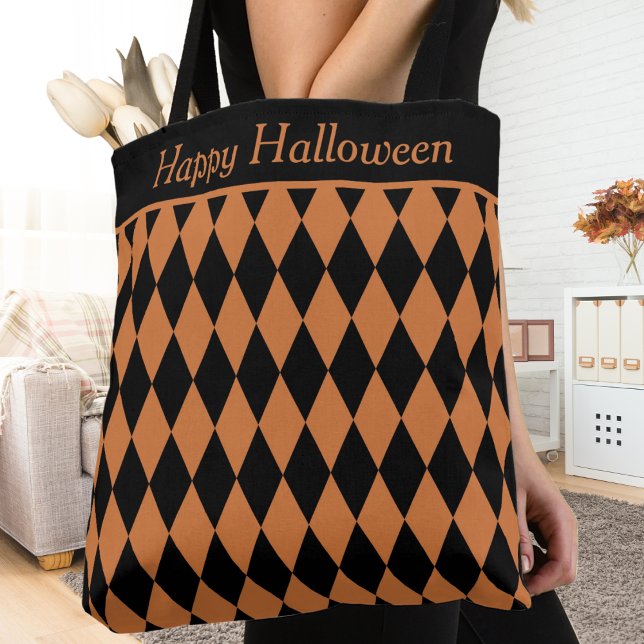 Orange and Black Diamond Harlequin Pattern Custom Tote Bag (Orange and Black Diamond Harlequin Pattern Custom Tote Bag - with Editable Text.)