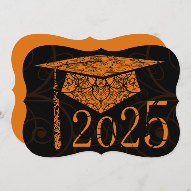 Orange and Black Floral Cap 2025 Graduation Party Invitation (Front/Back)