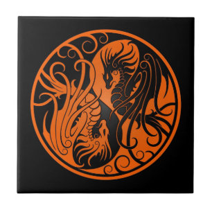 Orange and Black Flying Yin Yang Dragons Tile
