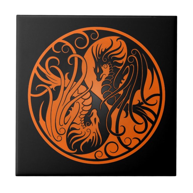 Orange and Black Flying Yin Yang Dragons Tile (Front)