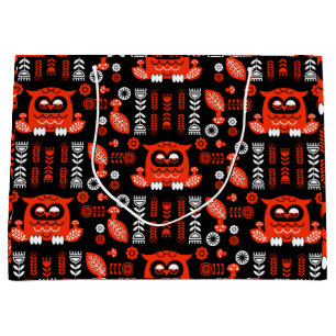 Orange And Black Folk Art Nordic Owl Large Gift Bag
