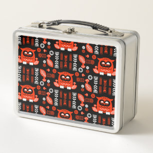 Orange And Black Folk Art Nordic Owl Metal Lunch Box