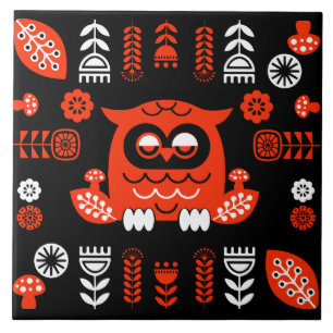 Orange And Black Folk Art Nordic Owl Tile