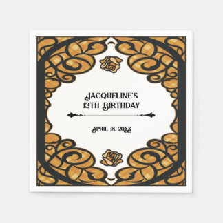 Orange and Black Gated Rose Princess Birthday Napkin