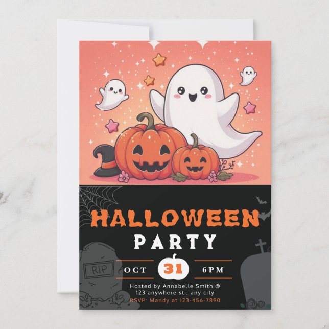 Orange and Black Ghosts Pumpkins Halloween Invitation (Front)