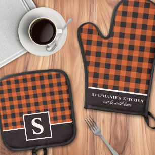 Orange And Black Gingham Plaid Chequered Monogramm Oven Mitt & Pot Holder Set