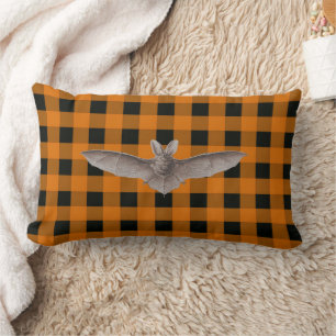 Orange and Black Gingham With Brown Bat Lumbar Cushion