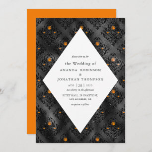 Orange and Black Glam Faux Foil Damask Wedding Invitation