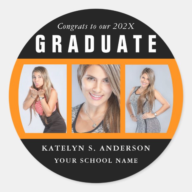 Orange and Black Graduation Photo Collage Classic Round Sticker (Front)