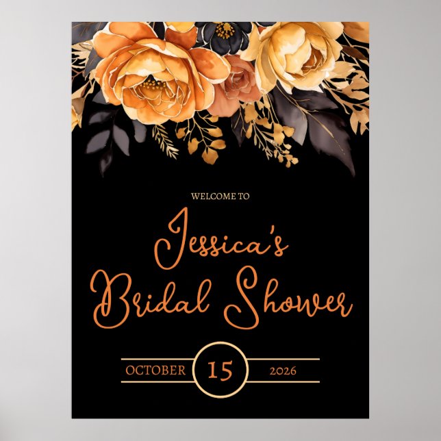 Orange and Black, Halloween, Floral Bridal Shower  Poster (Front)