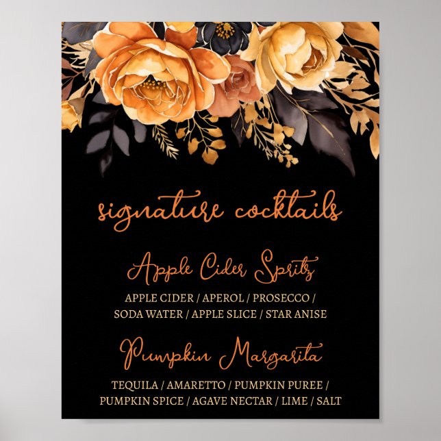 Orange and Black Halloween Floral Signature Drinks Poster (Front)