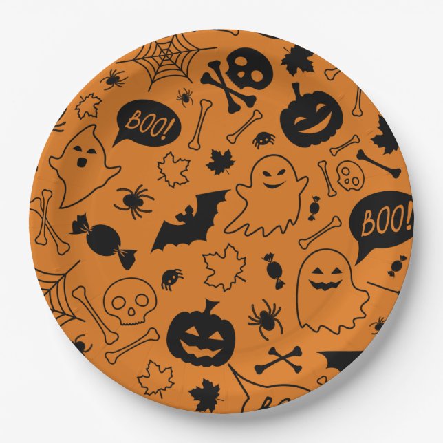 Orange and Black Halloween Pattern Art Halloween  Paper Plate (Front)