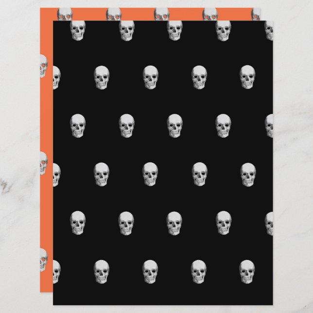 Orange and black Halloween skulls scrapbook paper (Front/Back)