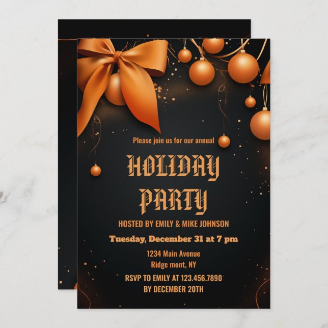 Orange and Black Holly Festive Holiday 2025 Party  Invitation (Front/Back)