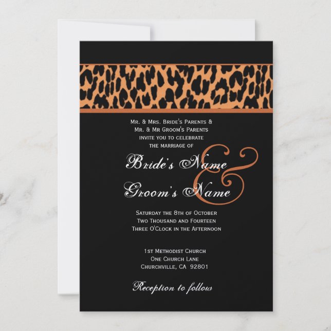 Orange and Black Leopard  Wedding Metallic Paper Invitation (Front)