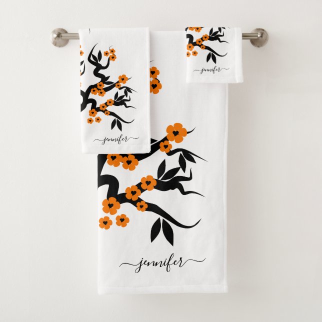 Orange and black love birds cherry tree, blossoms bath towel set (Insitu)