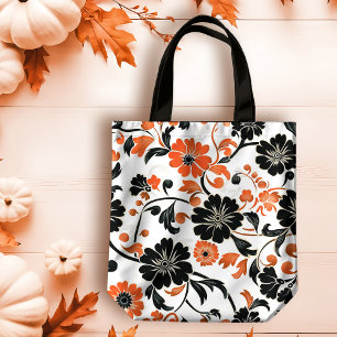 Orange and Black on White Fall Floral Tote Bag