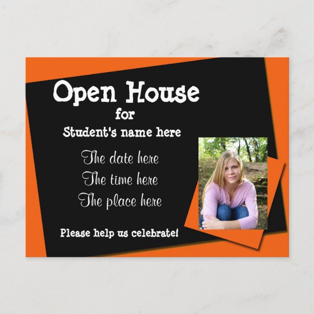 Orange and black open house invitation postcard (Front)