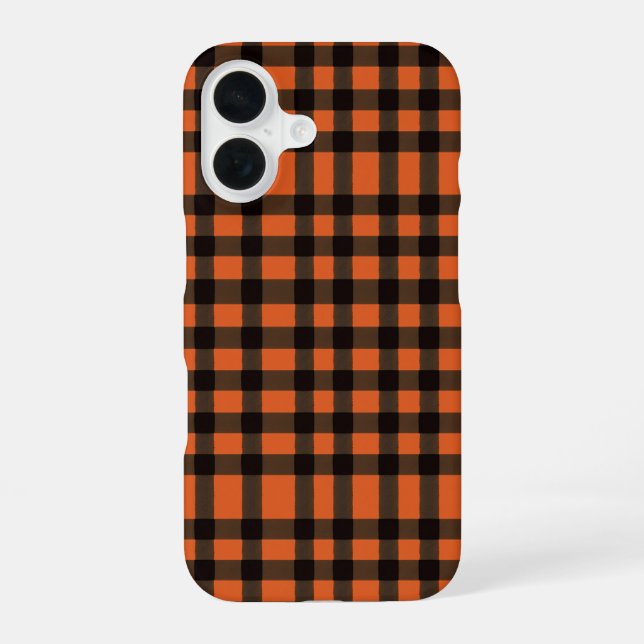 Orange and Black Plaid Checkered Pattern iPhone 16 Case (Back)