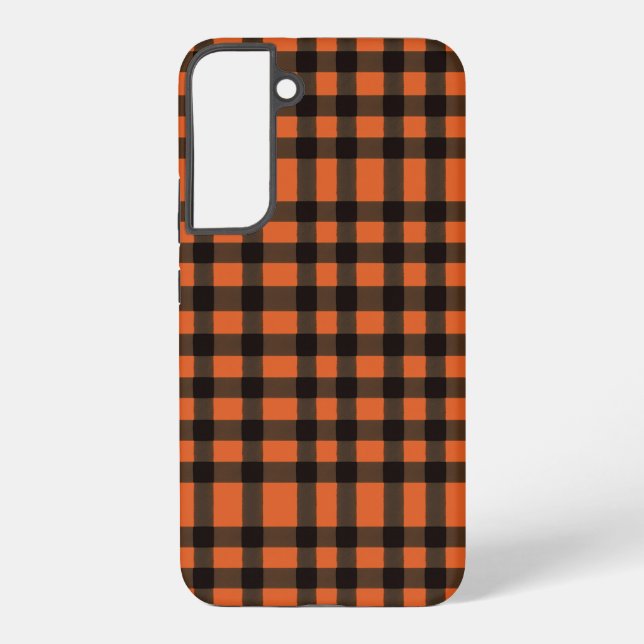 Orange and Black Plaid Checkered Pattern Samsung Galaxy S22+ Case (Back)