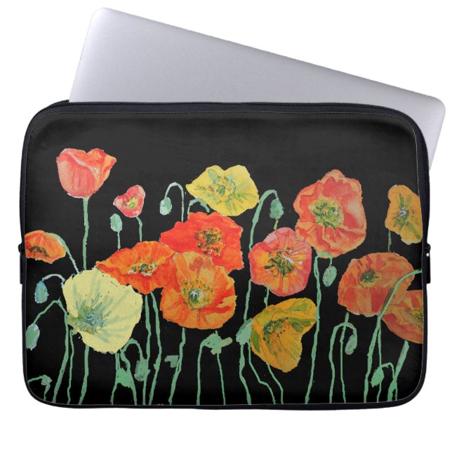 Orange and Black Poppies floral Orange red Laptop Sleeve (Front)
