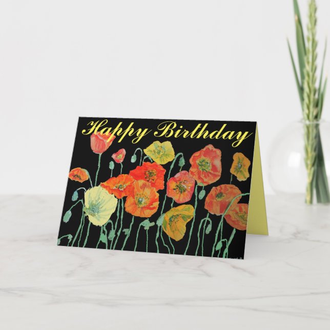 Orange and Black Poppies Watercolour Birthday Card (Front)