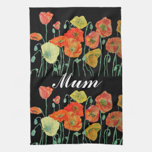 Orange and Black Poppies Watercolour Mum Tea Towel