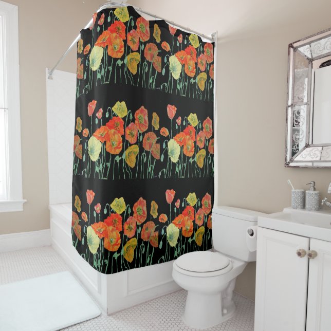 Orange and Black Poppy Shower Curtain (In Situ)