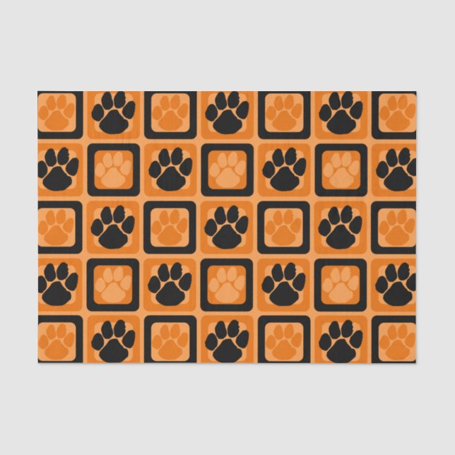 Orange and Black Repeating Pawprint  Tissue Paper (Front)
