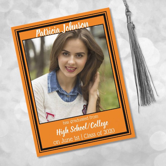 Orange and Black School Colours Photo Graduation Announcement Postcard (Creator Uploaded)