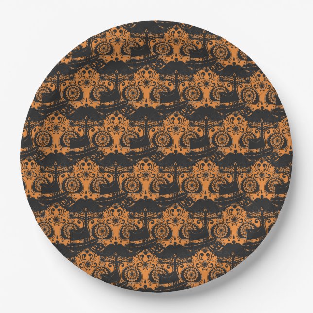 Orange and Black Skull Halloween party Paper Plate (Front)