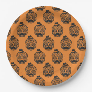 Orange and Black Skull Halloween party Paper Plate
