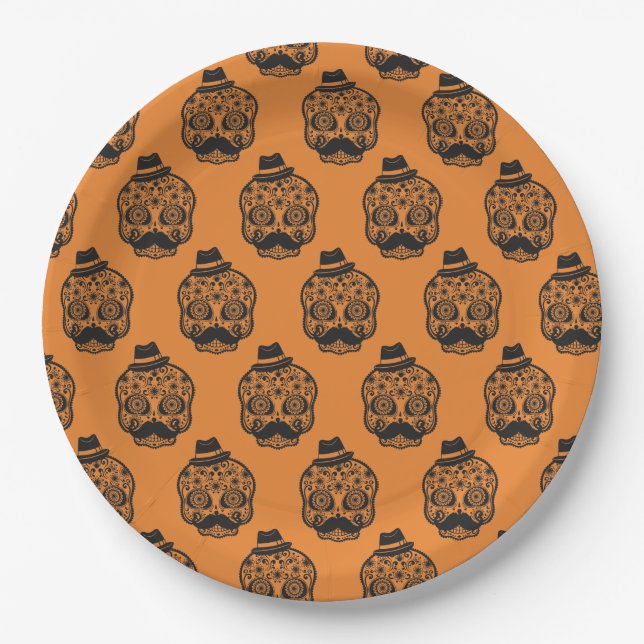 Orange and Black Skull Halloween party Paper Plate (Front)