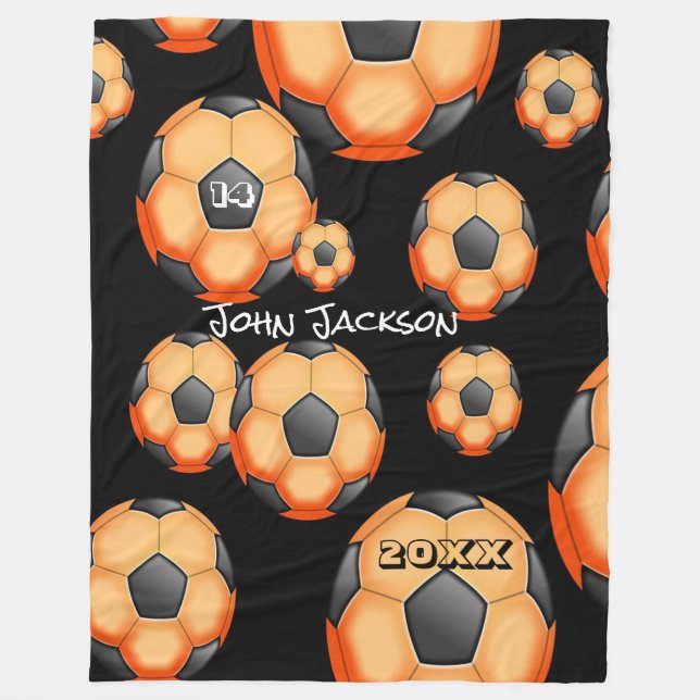 Orange and Black Soccer cover with Player's Name Fleece Blanket (Front)