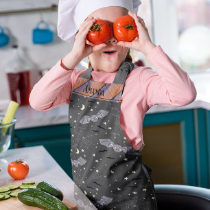 Orange and Black Spooky Cute Bats Halloween Kids Apron