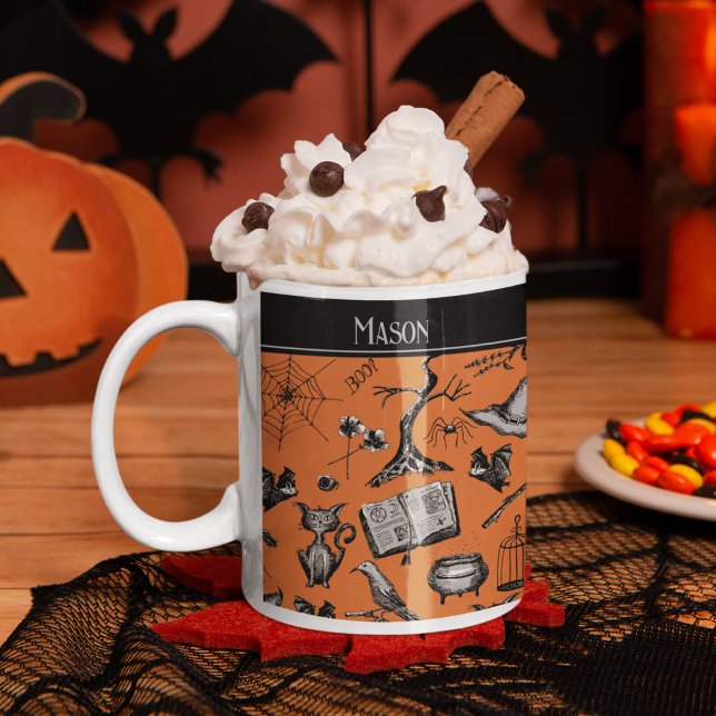 Orange and Black Spooky Halloween Kids Mug (Spooky Orange & Black Hand Drawn Halloween Mug for Kids. Black Cat, Spiderweb, Raven, Witch Hat, Bat)