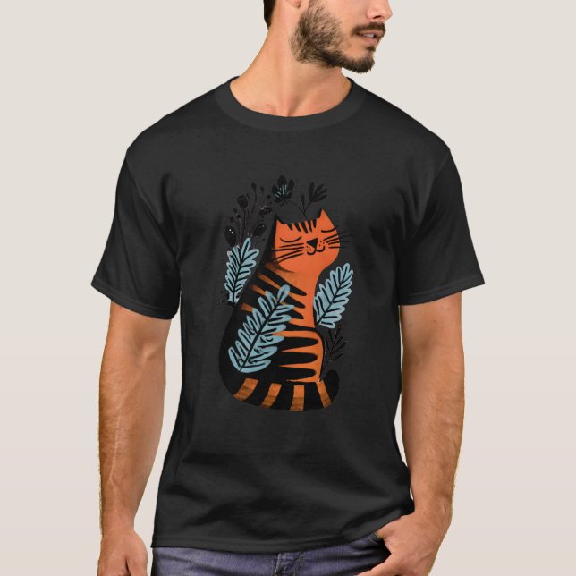Orange and Black Striped Cat with Floral Design T-Shirt (Front)
