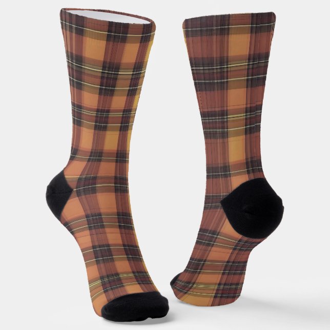Orange and black tartan, a warm and trendy pattern socks (Angled)