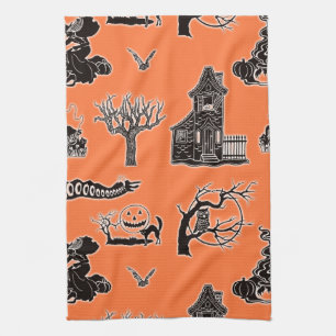 Orange and Black Vintage Halloween Pattern Tea Towel