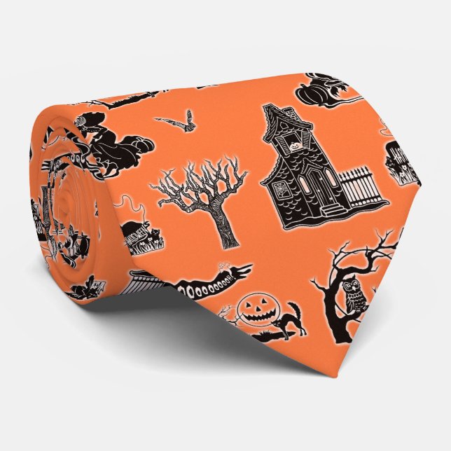 Orange and Black Vintage Halloween Pattern Tie (Rolled)